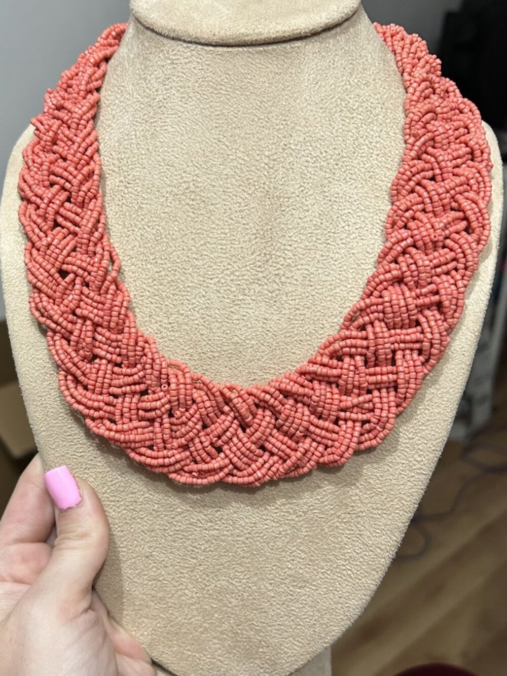Vintage Coral Pink Braided Seed Bead Multi Strand Statement Bib Necklace